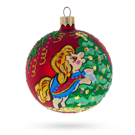 Charming Pony Horse Decorating Tree - Blown Glass Ball Christmas Ornament 3.25 Inches in Red color, Round shape