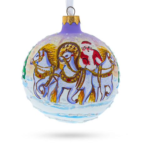 Glass Majestic Santa in Winter Riding 3 White Horses - Blown Glass Ball Christmas Ornament 3.25 Inches in Multi color Round