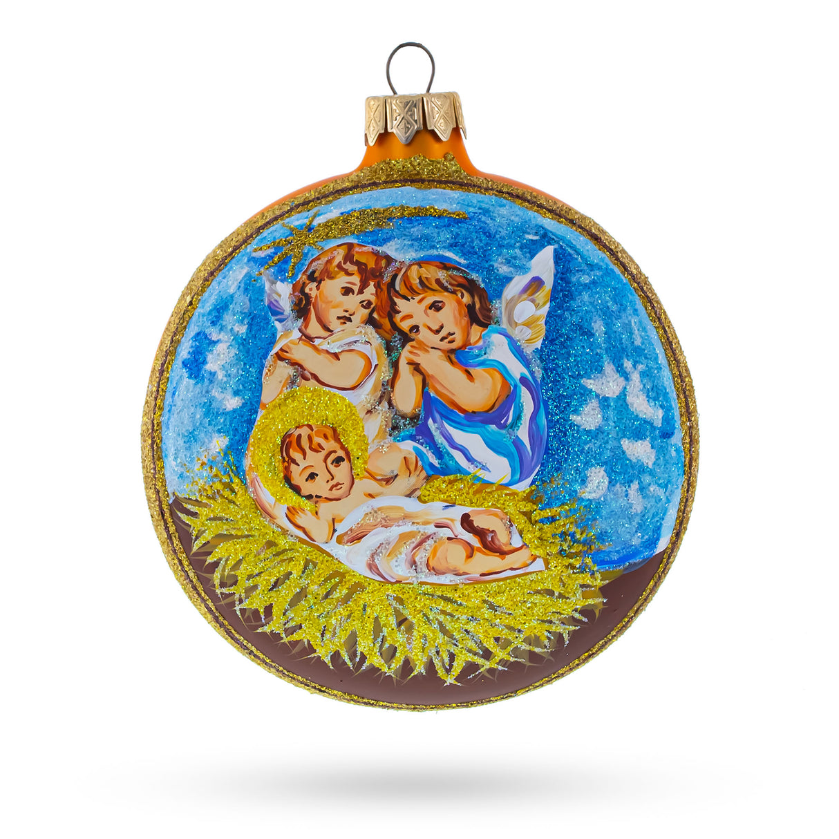 Glass Divine Angels Overlooking Baby Jesus - Blown Glass Ball Christmas Ornament 4 Inches in Gold color Round