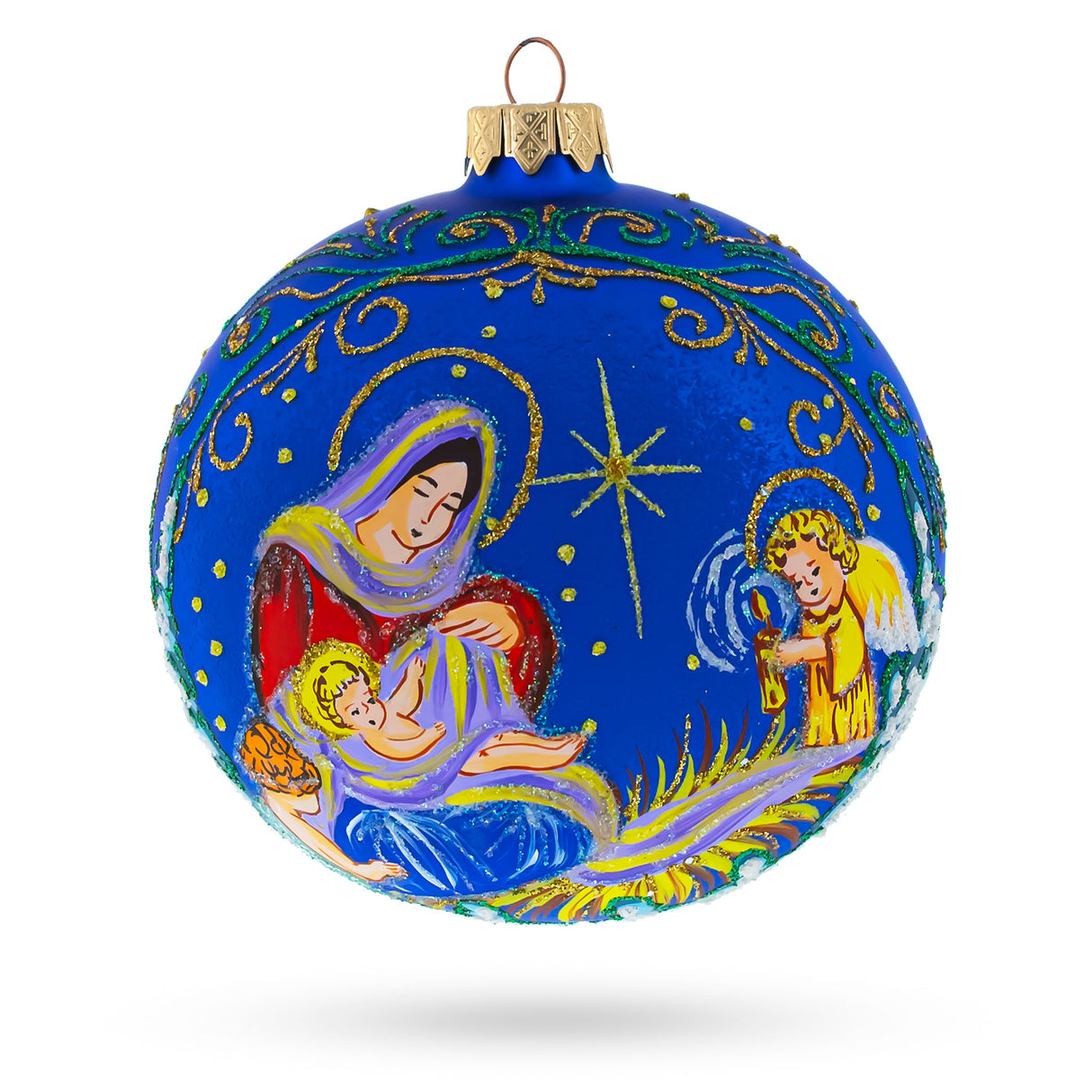 Glass Harmonious Angels Singing to Baby Jesus - Blown Glass Ball Christmas Ornament 4 Inches in Blue color Round