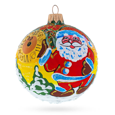 Glass Anticipatory Santa Awaits New Year Holiday - Blown Glass Ball Christmas Ornament 3.25 Inches in Multi color Round