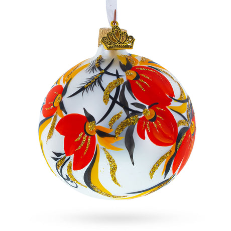 Glass Elegant Adonis Flowers in White Blown Glass Ball Christmas Ornament in White color Round