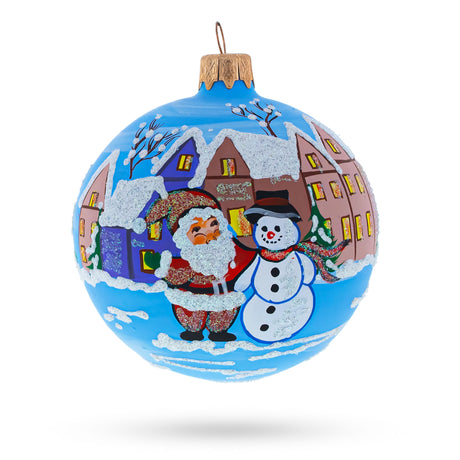Glass Jolly Santa with Snowman by House - Blown Glass Ball Christmas Ornament 3.25 Inches in Multi color Round
