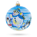 Glass Delightful Snowman with Penguin: Artisan Blown Glass Ball Christmas Ornament 4 Inches in Blue color Round