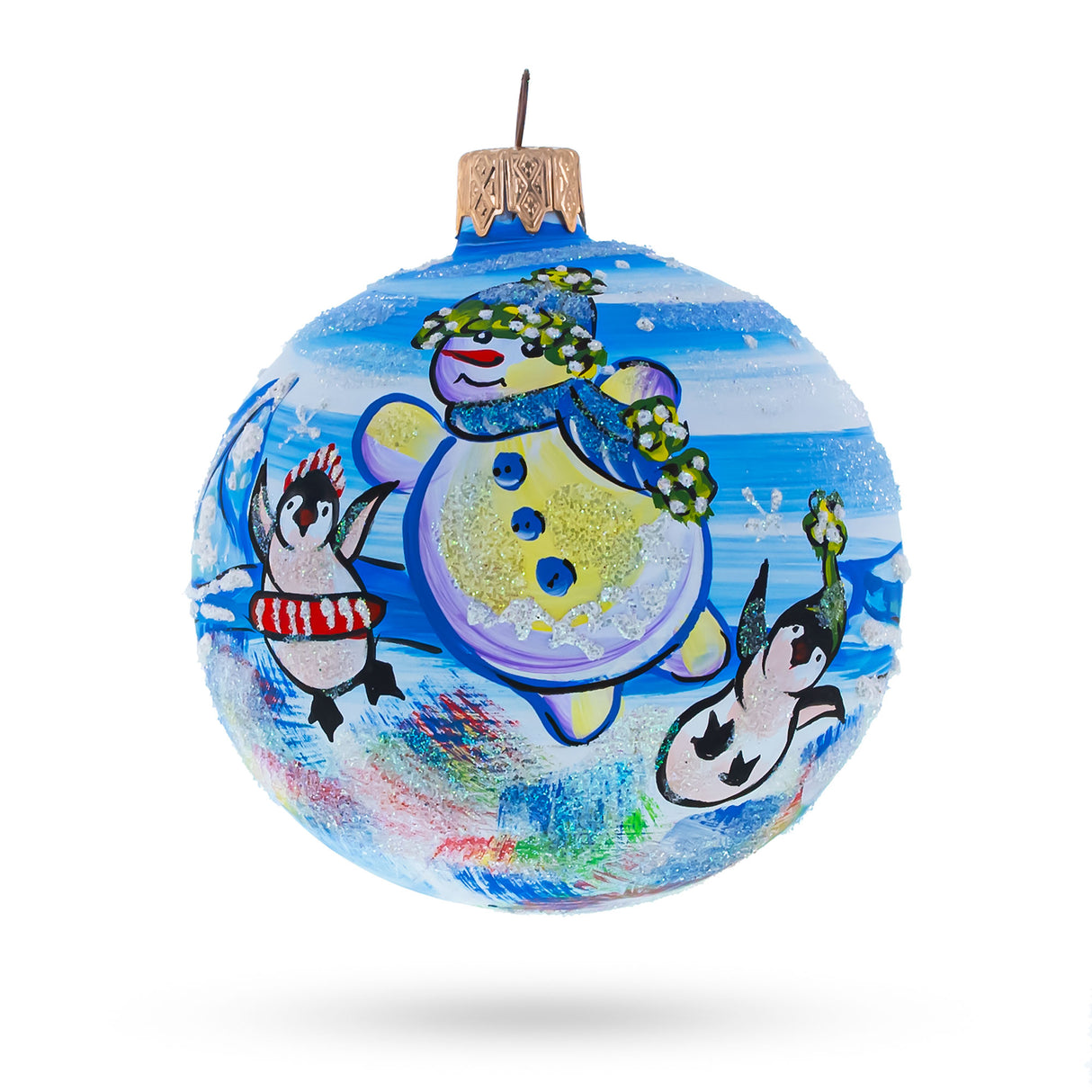 Glass Delightful Snowman with Penguin: Artisan Blown Glass Ball Christmas Ornament 3.25 Inches in Blue color Round