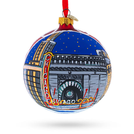 Glass Iconic Chicago Theater - Artisan Blown Glass Ball Christmas Ornament 4 Inches in Red color Round