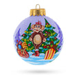 Glass Playful Monkey with Christmas Gifts - Artisan Blown Glass Ball Christmas Ornament 4 Inches in Multi color Round