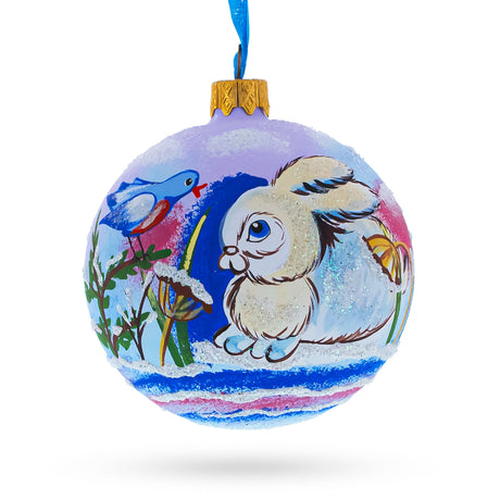 Glass Charming Bunny Rabbit and Bird - Whimsical Blown Glass Ball Christmas Ornament  3.25 Inches in Multi color Round