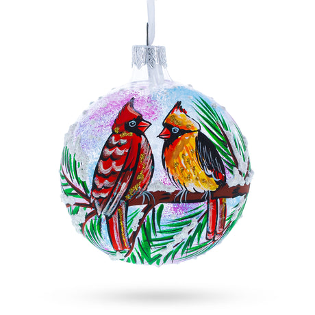 Glass Winter Wonderland Duo: Two Cardinals in Snowy Scenery Blown Glass Ball Christmas Ornament 3.25 Inches in Multi color Round