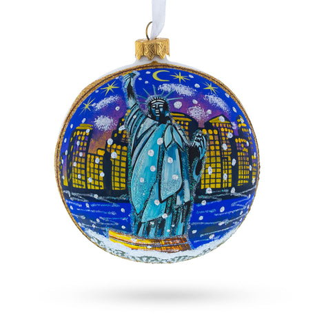 Glass Iconic Landmark: Statue of Liberty at Night, New York, USA Blown Glass Ball Christmas Ornament 4 Inches in White color Round