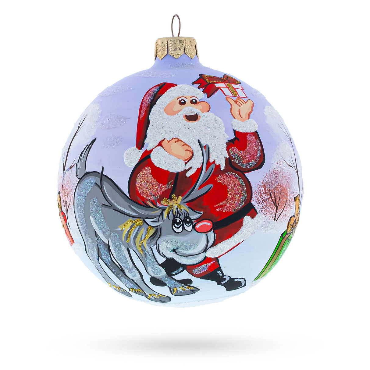 Festive Trio: Santa, Reindeer, and Gifts Blown Glass Ball Christmas Ornament 4 Inches in Multi color, Round shape
