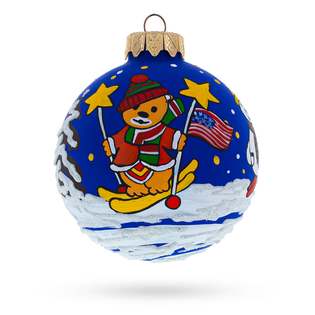 Glass Patriotic Winter Adventure: Bear Skiing with Snowman and USA Flag Blown Glass Ball Christmas Ornament 3.25 Inches in Blue color Round