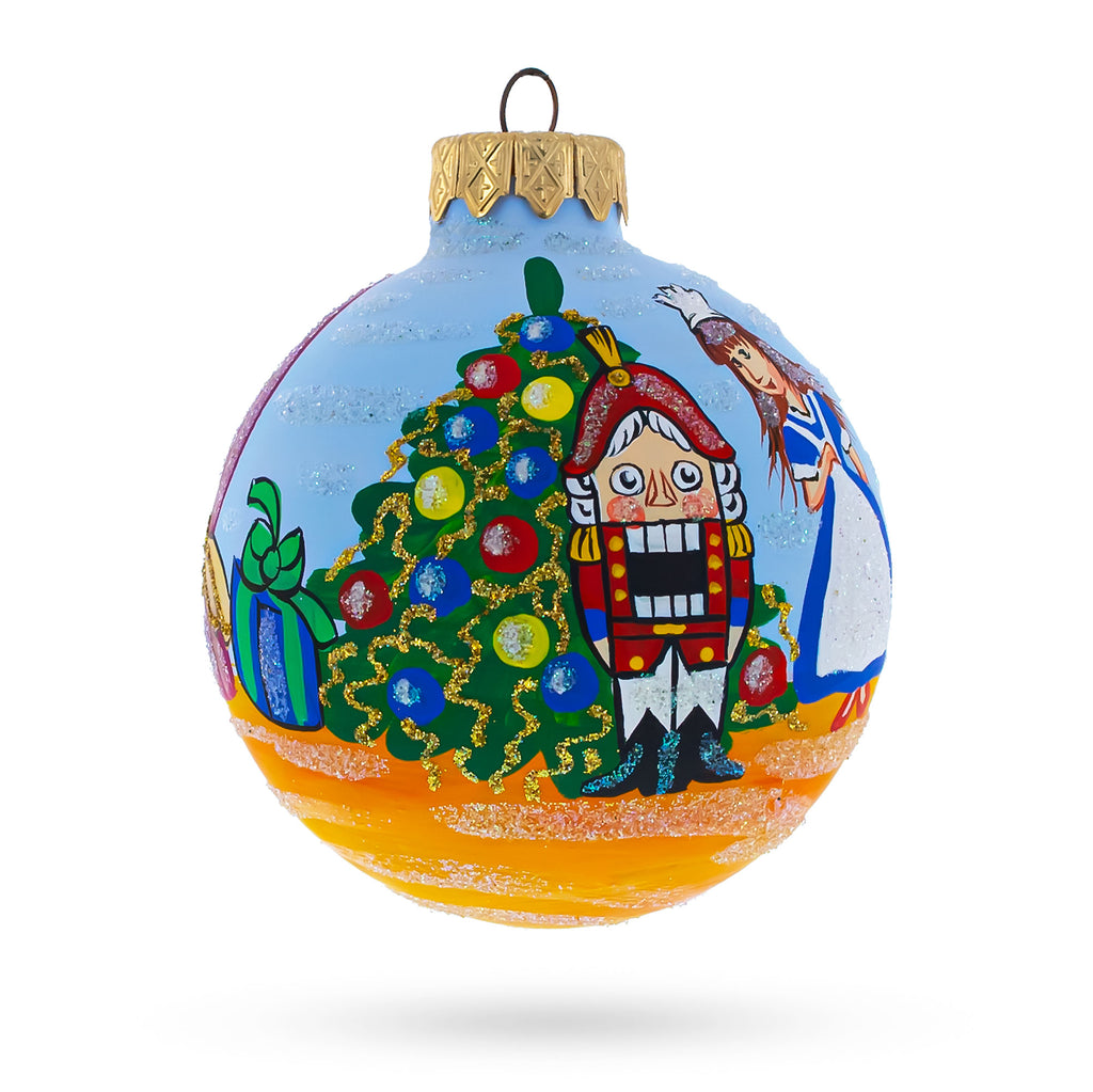 Glass Festive Tale: Nutcracker and Marie by Christmas Tree - Blown Glass Ball Christmas Ornament  3.25 Inches in Multi color Round