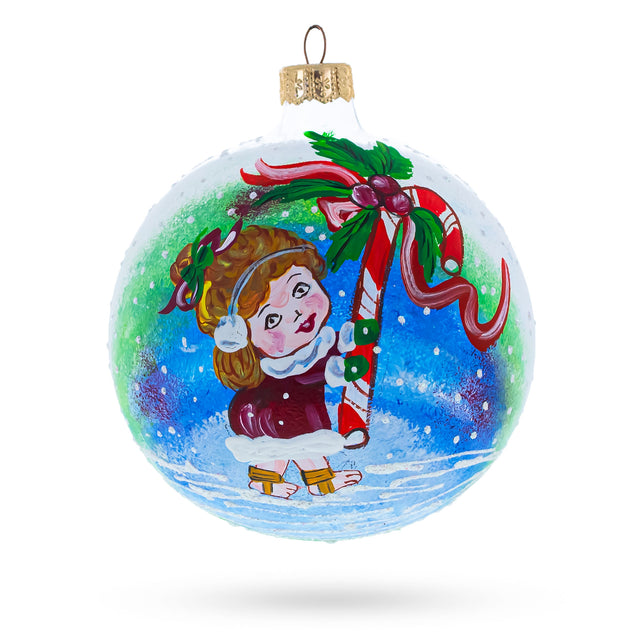Glass Sweet Holiday: Girl with Candy Cane - Blown Glass Ball Christmas Ornament 4 Inches in White color Round