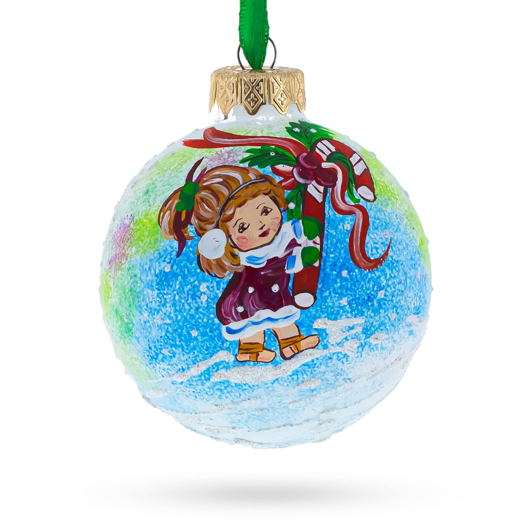 Glass Sweet Holiday: Girl with Candy Cane - Blown Glass Ball Christmas Ornament  3.25 Inches in White color Round