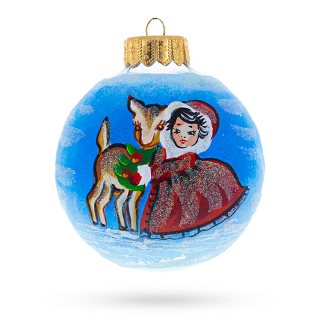 Glass Enchanting Forest: Little Red Hood with the Deer - Blown Glass Ball Christmas Ornament 4 Inches in Blue color Round