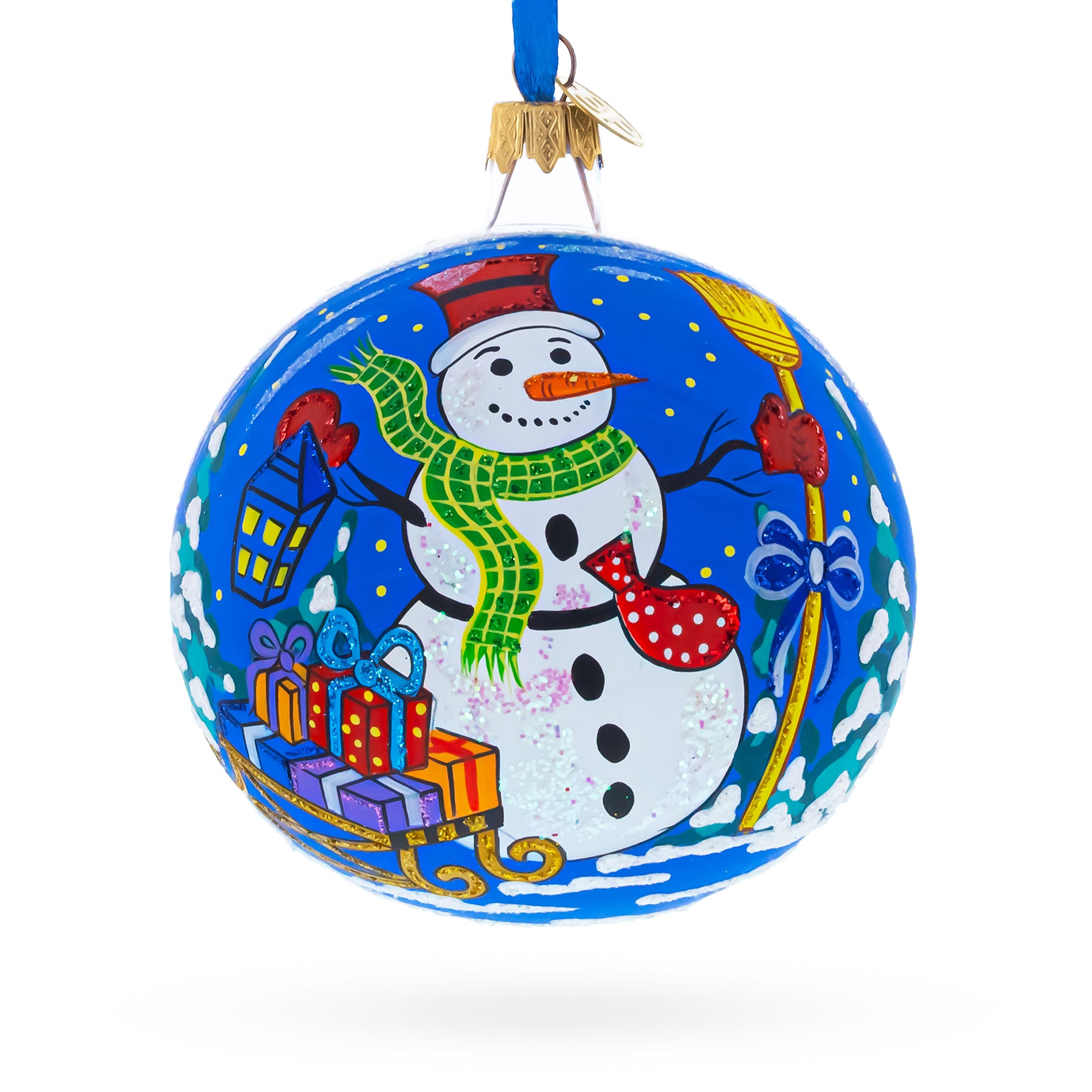 Festive Snowman with Gifts Glass Ball Christmas Ornament 4 Inches in Blue color Round