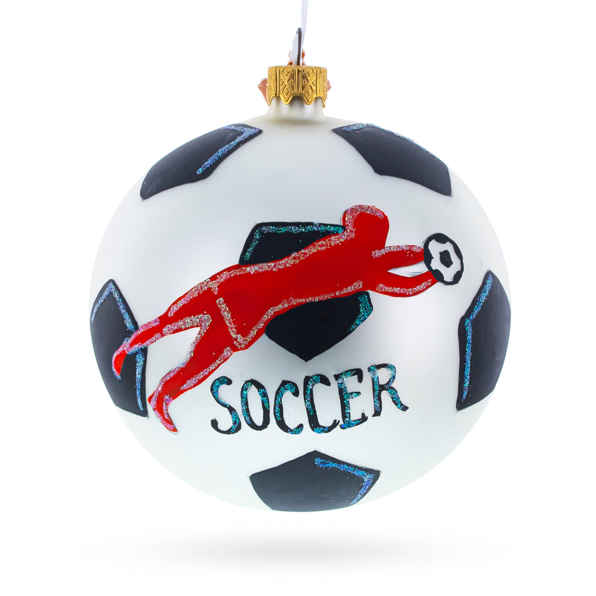 Goal Scorer: Soccer Player in Action Blown Glass Ball Christmas Sports Ornament 4 Inches in Multi color, Round shape