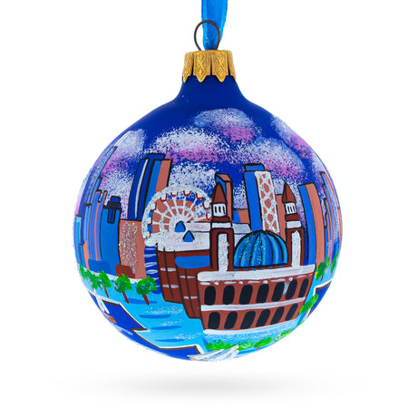 Navy Pier, Chicago, Illinois Glass Ball Christmas Ornament 3.25 Inches in Blue color, Round shape