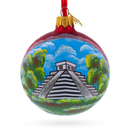 Mayan Pyramid, Mexico Glass Ball Christmas Ornament 3.25 Inches in Blue color, Round shape