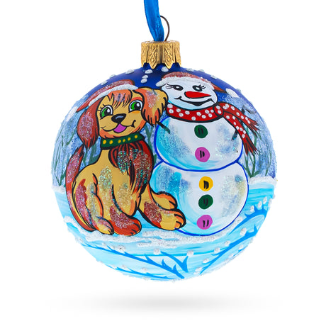 Winter Wonderland Duo: Dog and Snowman - Blown Glass Ball Christmas Ornament 3.25 Inches in Blue color, Round shape