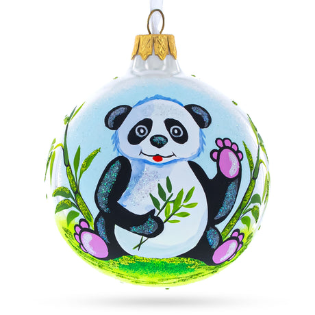 Glass Adorable Panda with Bamboo Blown Glass Christmas Ornament 4 Inches in Multi color Round