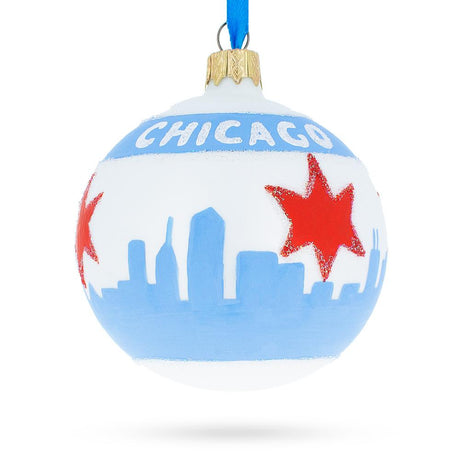 Glass Chicago Flag Glass Ball Christmas Ornament 3.25 Inches in Multi color Round