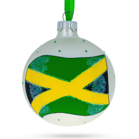 Glass Flag of Jamaica Blown Glass Ball Christmas Ornament 3.25 Inches in Green color Round