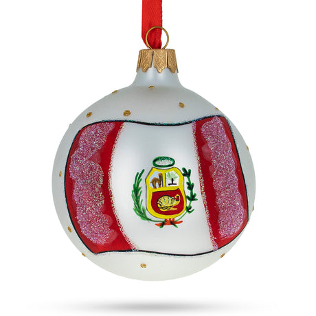 Glass Flag of Peru Blown Glass Ball Christmas Ornament 3.25 Inches in Multi color Round