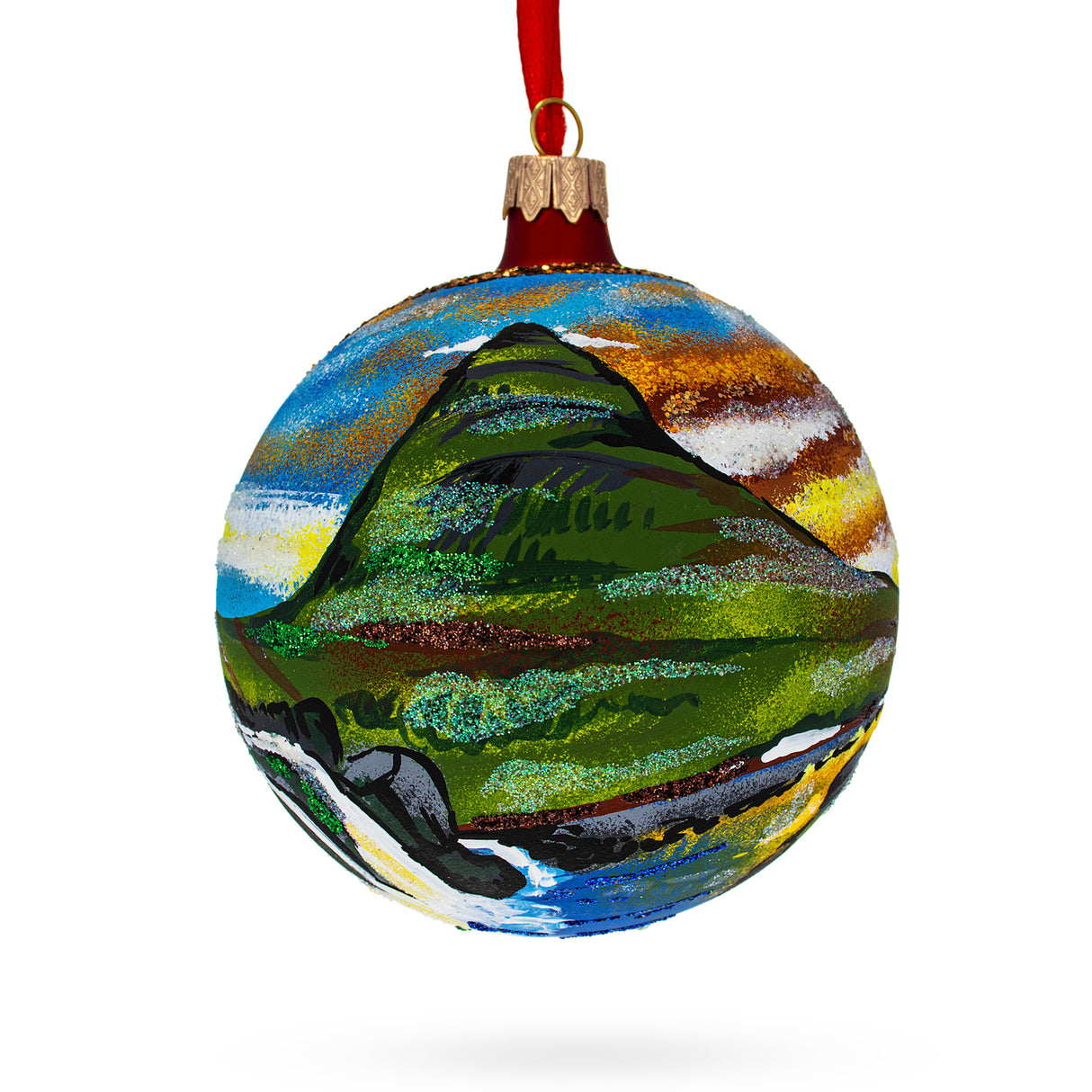 Glass Kirkjufell Mountain, Iceland Glass Ball Christmas Ornament 4 Inches in Multi color Round