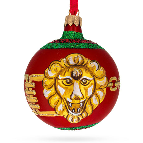 Glass lorentine Majesty: Lion-Head Design Glass Ball Christmas Ornament by Florence Designer 3.25 Inches in Red color Round