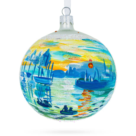 1874 'Impression Sunrise' by Claude Monet Blown Glass Ball Christmas Ornament 4 Inches in Blue color, Round shape