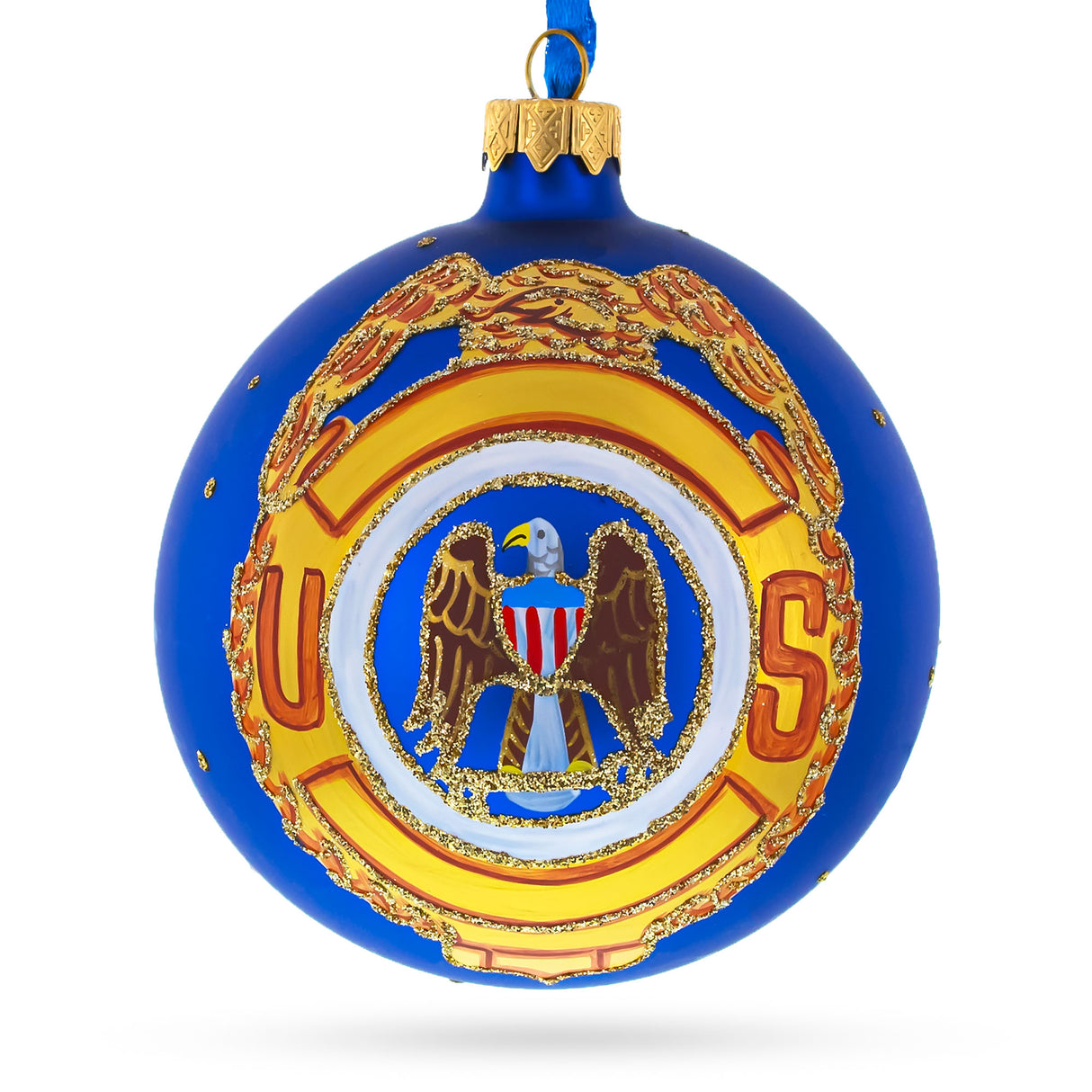 Glass USA Army Glass Ball Christmas Ornament 4 Inches in Blue color Round