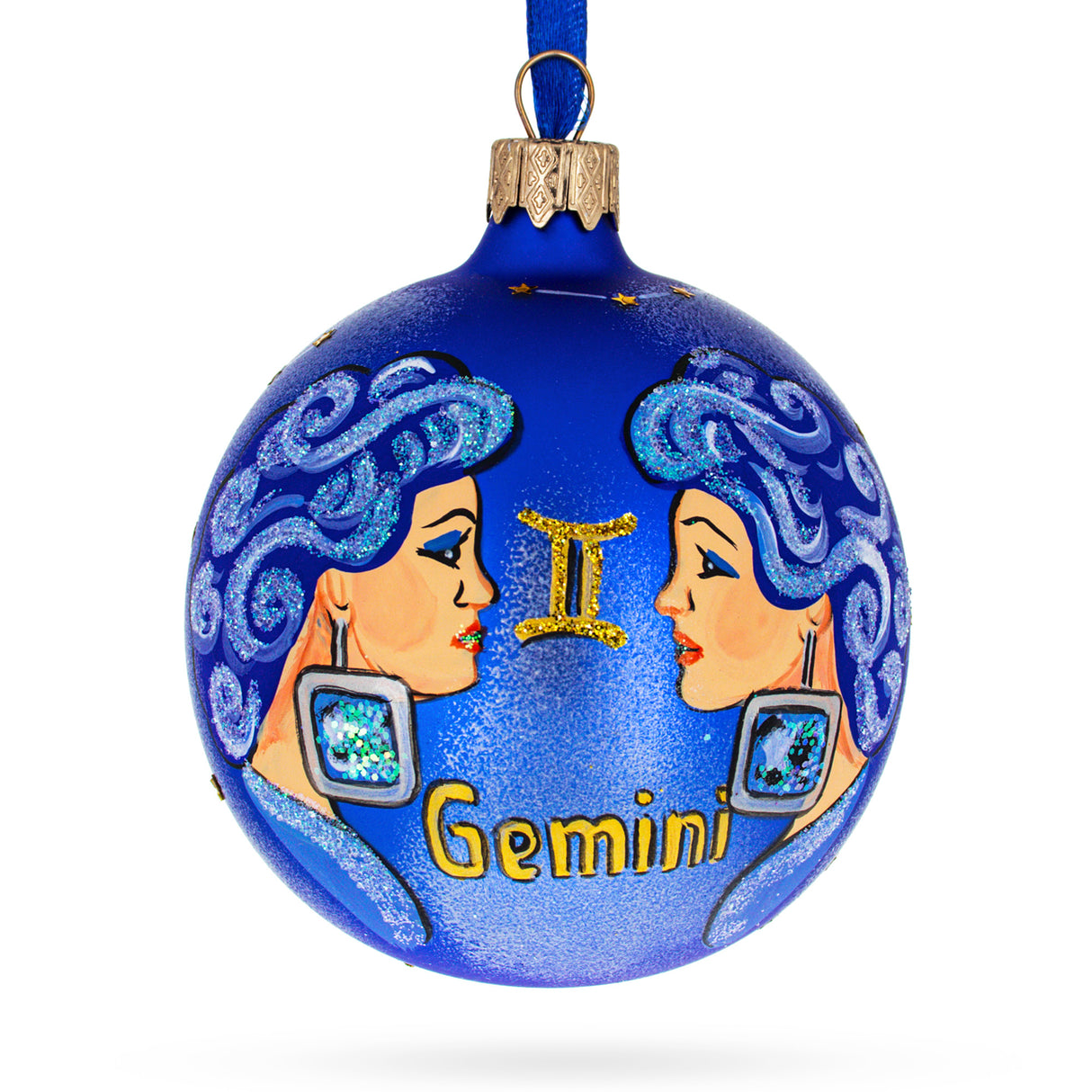 Glass Twins Gemini: Zodiac Horoscope Sign Blown Glass Ball Christmas Ornament 3.25 Inches in Blue color Round