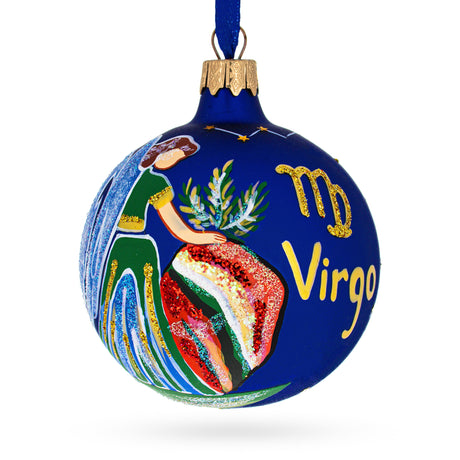 Virgo the Virgin: Zodiac Horoscope Sign Blown Glass Ball Christmas Ornament 3.25 Inches in Blue color, Round shape