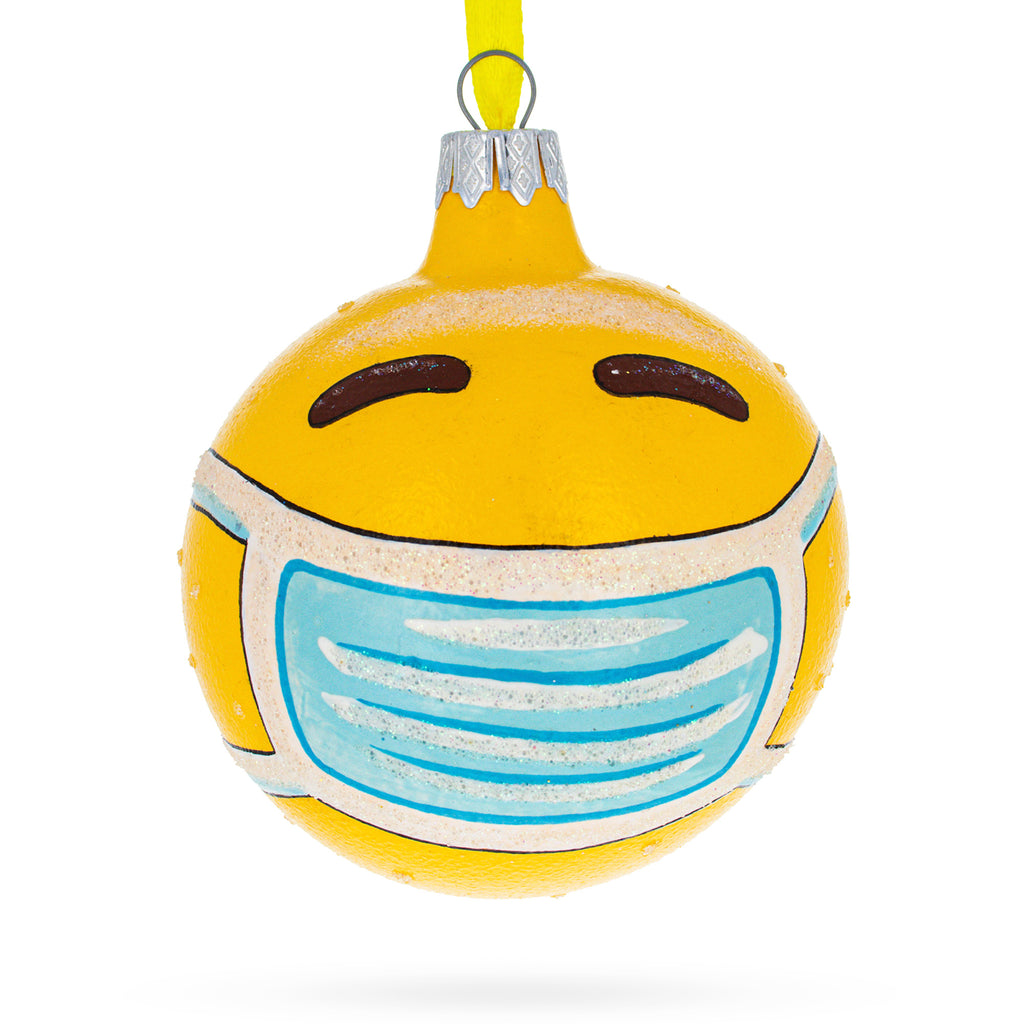 Glass Masked Emotions of Quarantine Blown Glass Ball Christmas Ornament 3.25 Inches in Yellow color Round