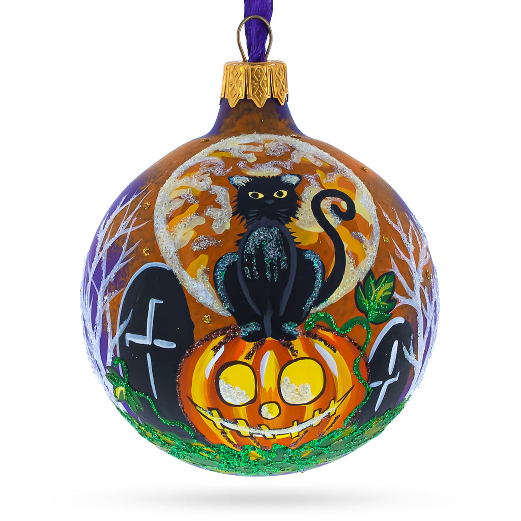 Glass Spooky Serenity: Black Cat at Cemetery Blown Glass Ball Halloween Ornament 3.25 Inches in Multi color Round