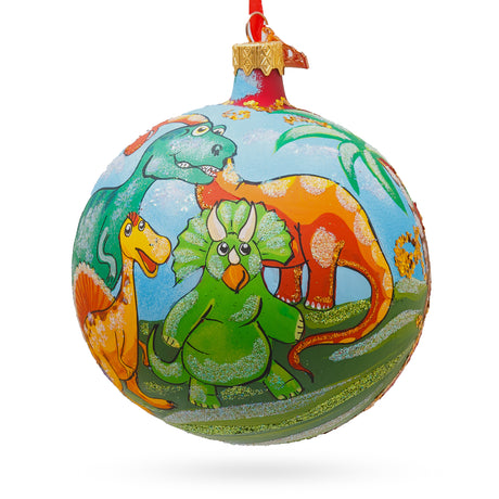 Glass Prehistoric Adventure: Dinosaurs in Jungles Blown Glass Ball Christmas Ornament 4 Inches in Multi color Round