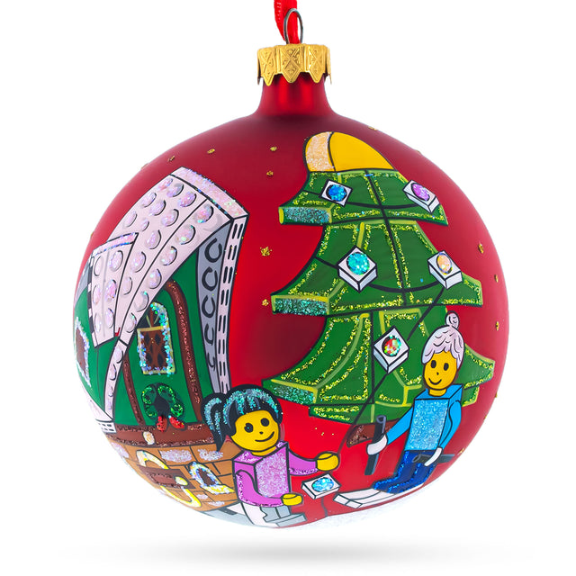 Glass Playful Creativity: Building Blocks House Blown Glass Ball Christmas Ornament 4 Inches in Red color Round