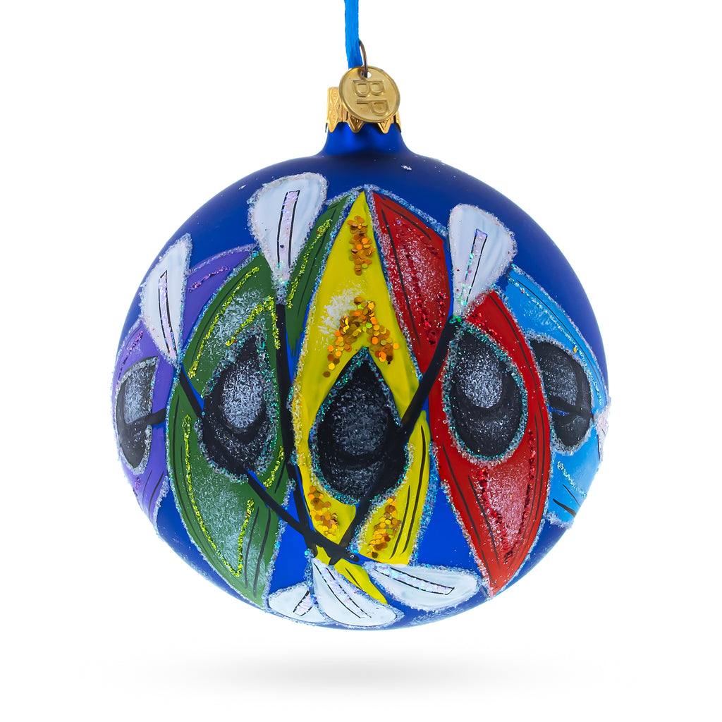 Glass Adventure Awaits: Colorful Kayaks Blown Glass Ball Christmas Ornament 4 Inches in Blue color Round