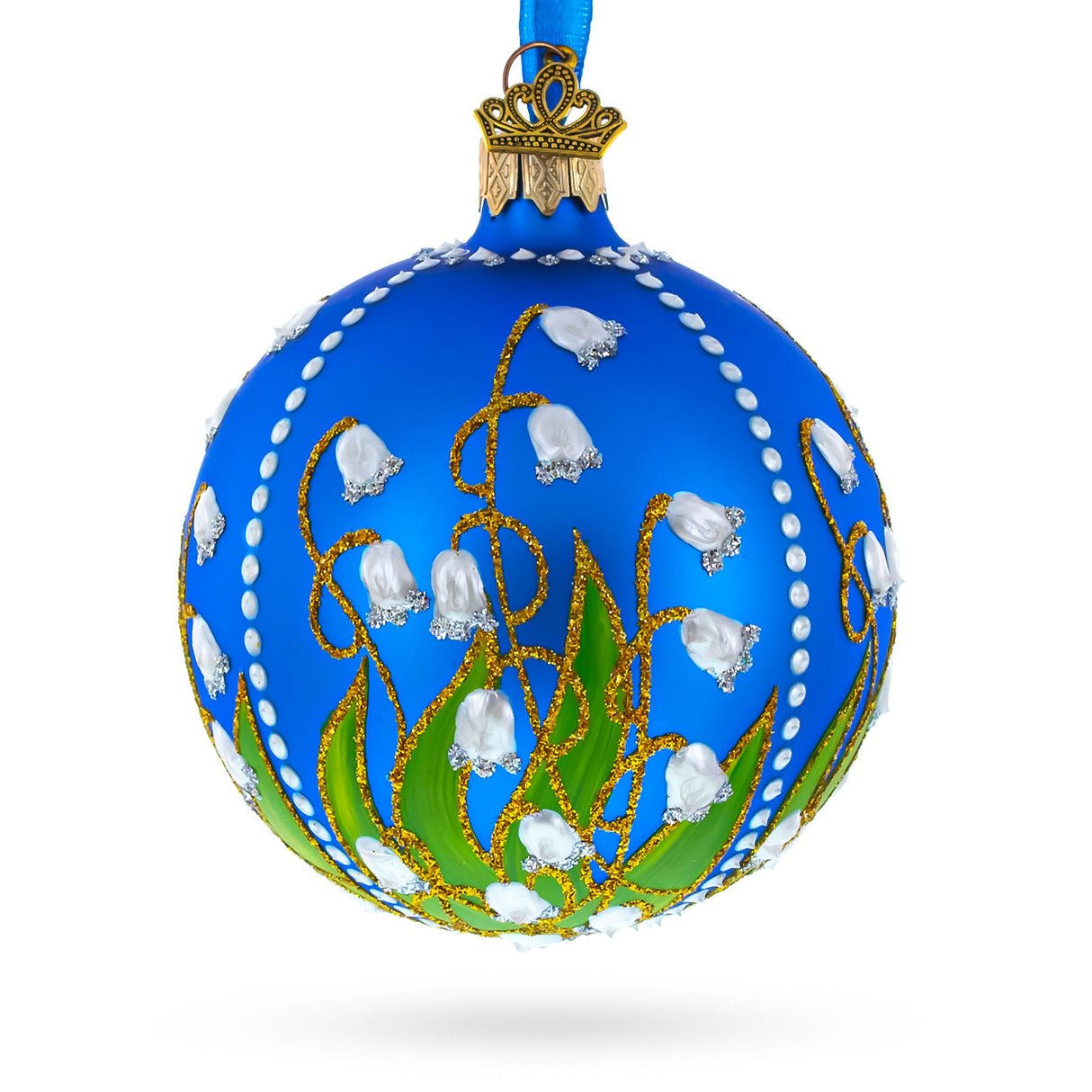 Glass Delicate Lilies of the Valley on Blue Blown Glass Ball Christmas Ornament 3.25 Inches in Blue color Round