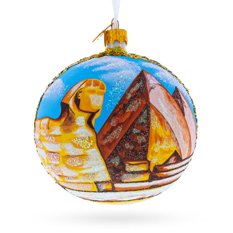 Pyramids and Great Sphinx of Giza, Egypt Glass Ball Christmas Ornament 4 Inches in Multi color, Round shape