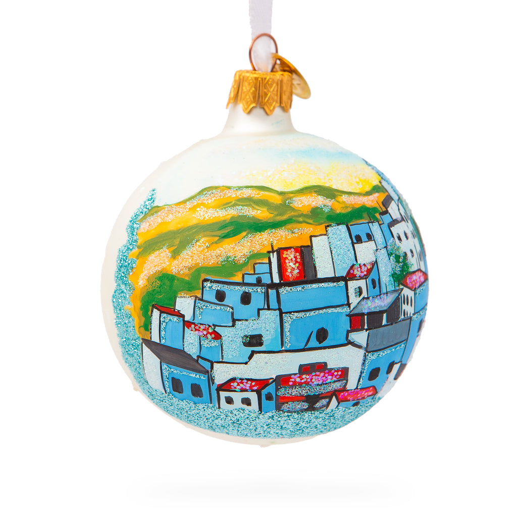 Glass Blue City Chefchaouen, Morocco Glass Ball Christmas Ornament 3.25 Inches in Multi color Round