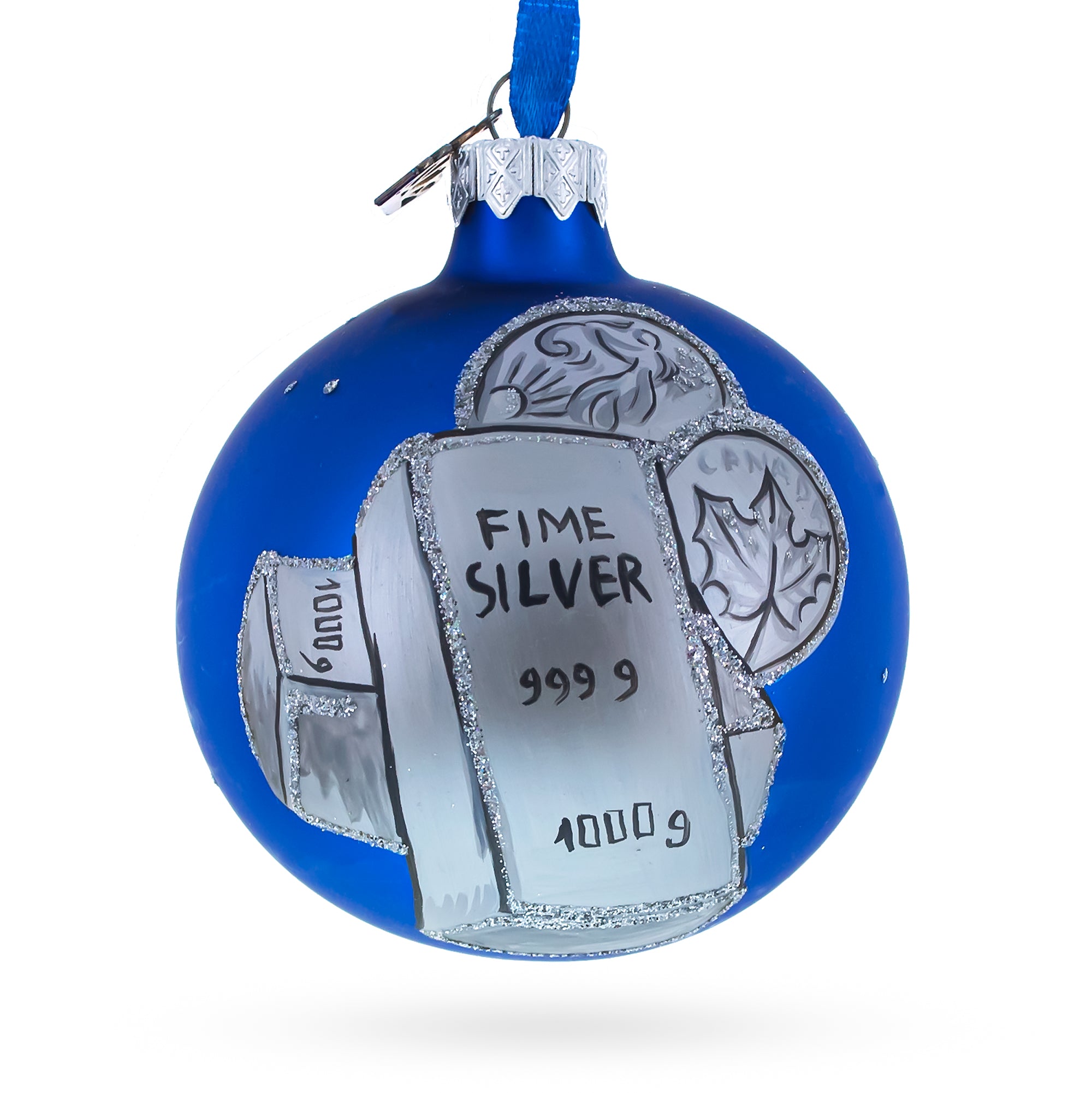Silver Bars and Coins Glass Ball Christmas Ornament 3.25 Inches in Blue color Round