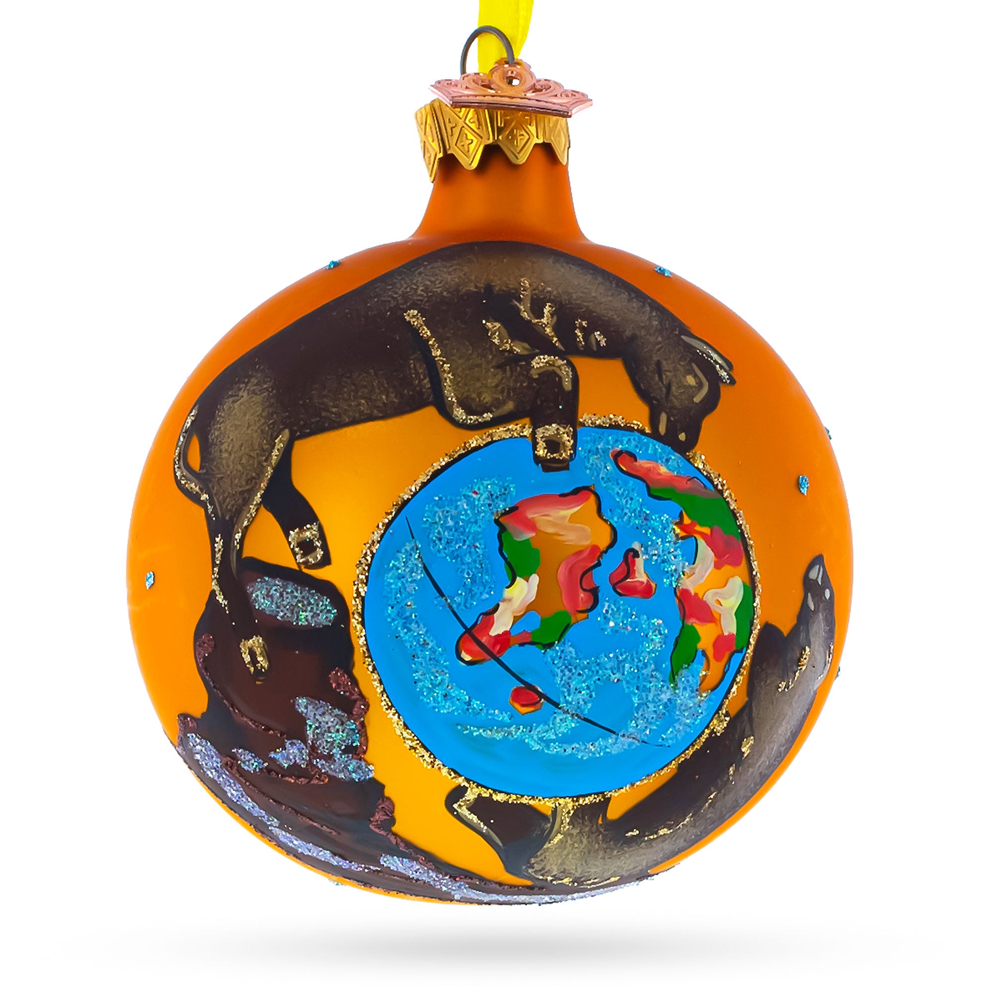 Bull Market Wins over Bear Market Glass Ball Christmas Ornament 3.25 Inches in Orange color Round
