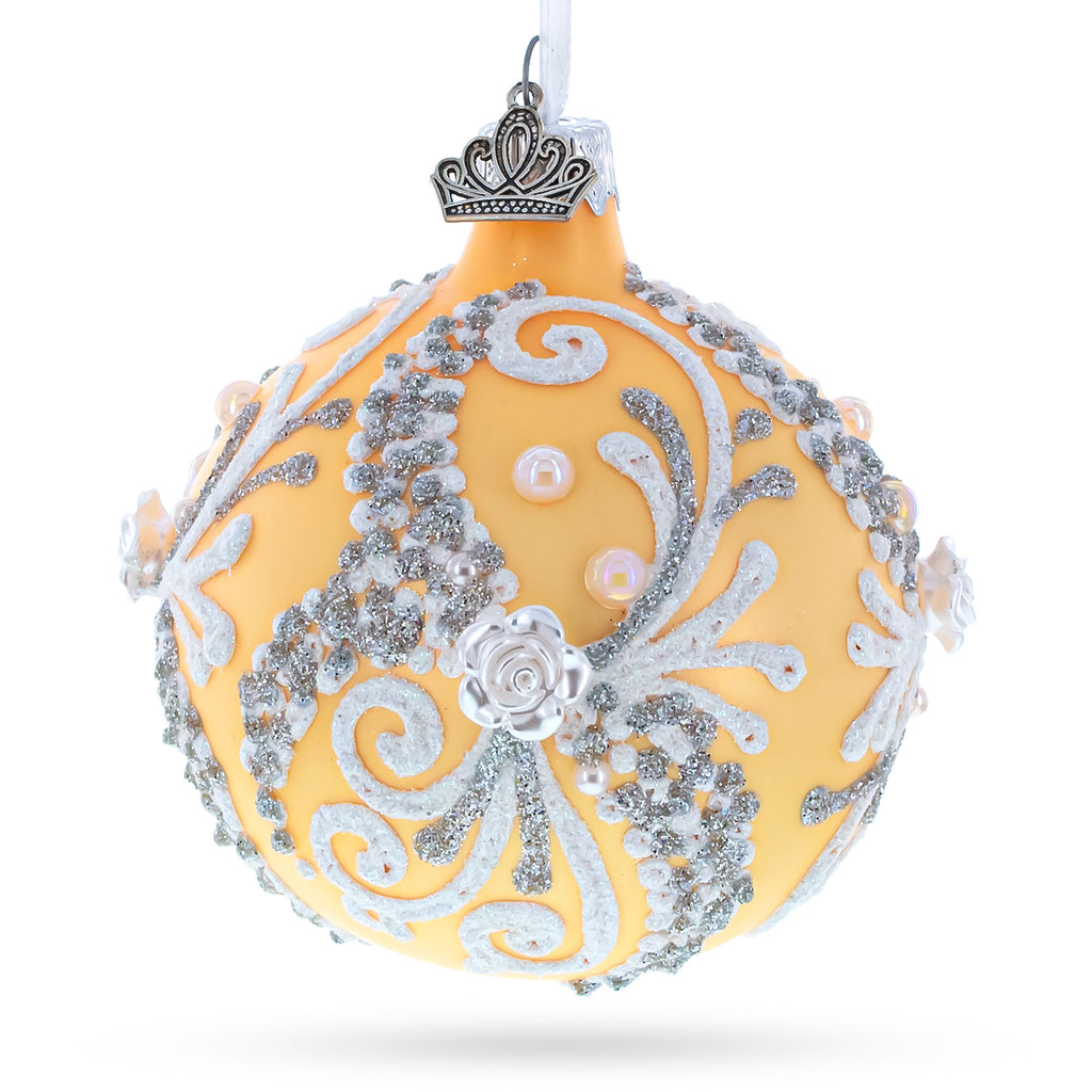 Glass Snow Swirls on Champagne Glass Ball Christmas Ornament 3.25 Inches in Ivory color Round