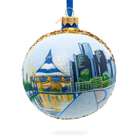 Glass Detroit Riverfront, Detroit, Michigan, USA Glass Ball Christmas Ornament 4 Inches in Multi color Round