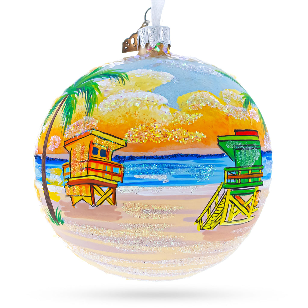 Glass South Beach, Miami, Florida, USA Glass Ball Christmas Ornament 4 Inches in Multi color Round