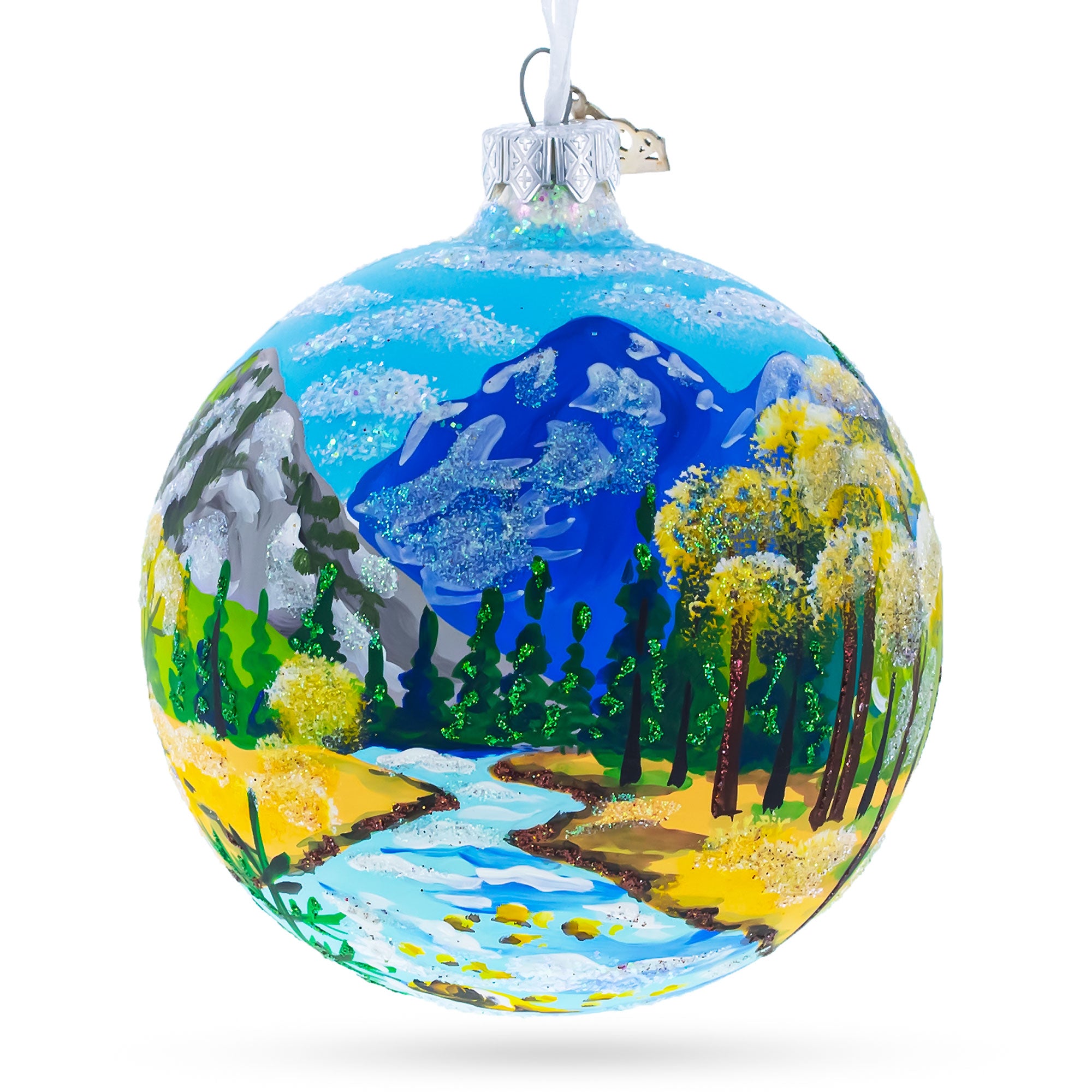 Mountain River Painting Glass Ball Christmas Ornament 4 Inches in Multi color Round