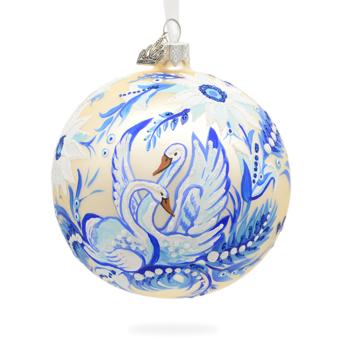 Glass Swans in Daisies Garden Glass Ball Ornament in Blue color Round
